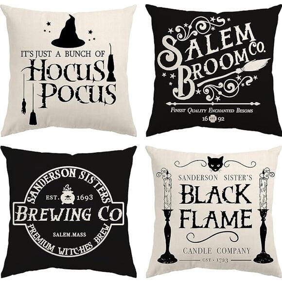 Halloween 18x18  Decor Pillow Covers  Set of 4 - Hocus Pocus - Salem Broom New - Picture 1 of 9